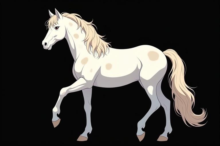 Stylized illustration of an Appaloosa horse with a light coat featuring spots. The horse is in a side view pose against a black background, showcasing its long mane and expressive stance.