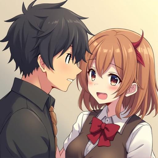 Character interaction between a real-life person and an anime character. Expressive facial features. Wholesome atmosphere. Cartoon style art with soft colors.