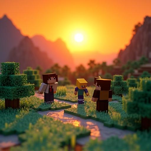 Minecraft-inspired 3D landscape with mountains and trees. Bright orange background at sunset. Blocky characters interact with the environment. Under the blocks, Minecraft font spells 'ertehz'.