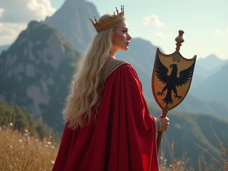 Majestic woman in a bright red dress holding a silver shield. Royal or noble appearance. Standing proudly on rocky terrain. Long golden hair flowing down her back. A crown atop her head. Shield adorned with a black eagle emblem. Mountain landscape serves as stunning backdrop.