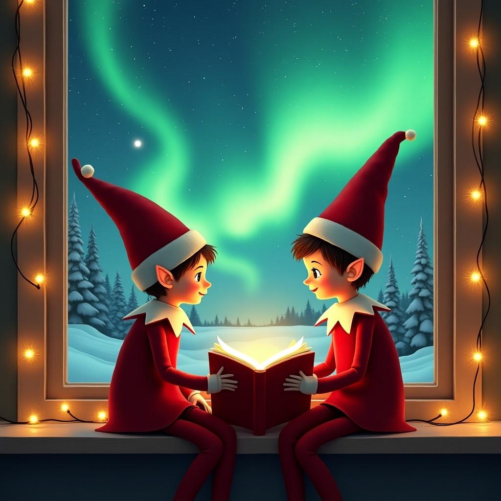 This enchanting image depicts two cheerful elves on the shelf, dressed in iconic red outfits with pointy hats. They are sitting by a window, engrossed in a book illuminated by a soft glow. Outside, the spectacular northern lights dance in vibrant greens and blues, creating a magical backdrop. Delicate holiday lights frame the window, adding to the festive atmosphere. The overall mood is warm and inviting, perfect for celebrating the spirit of Christmas and the anticipation for visits from Santa.