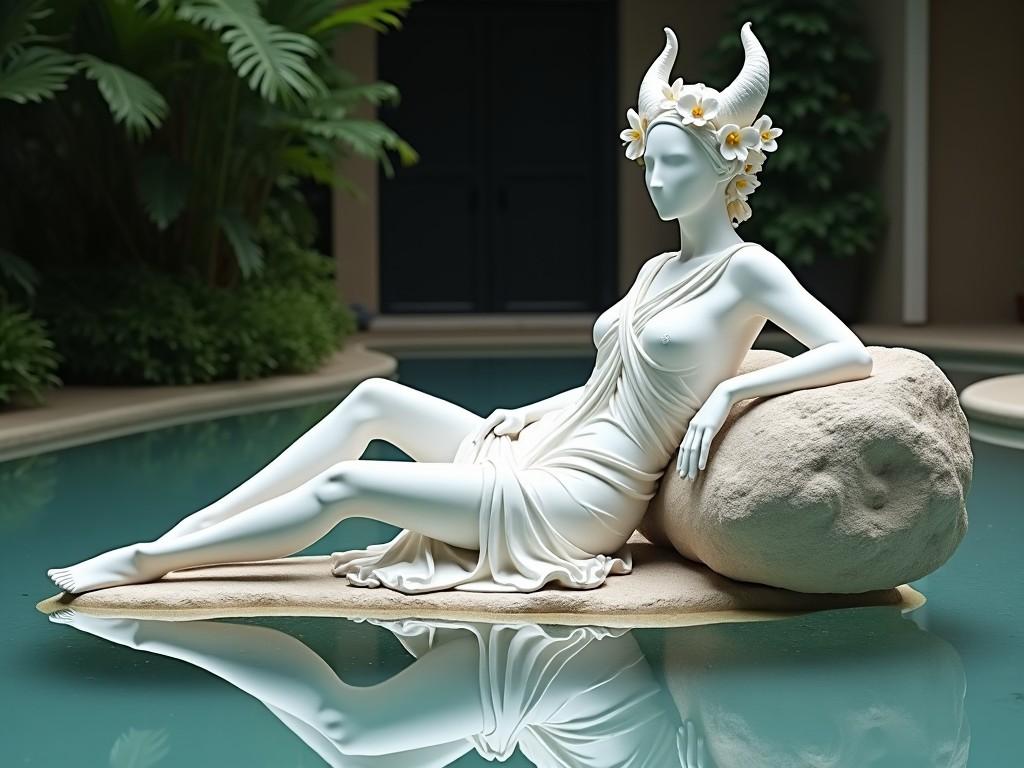 A serene sculpture of a woman with horns and flowers on her head, reclining by a pool in a tropical garden setting.