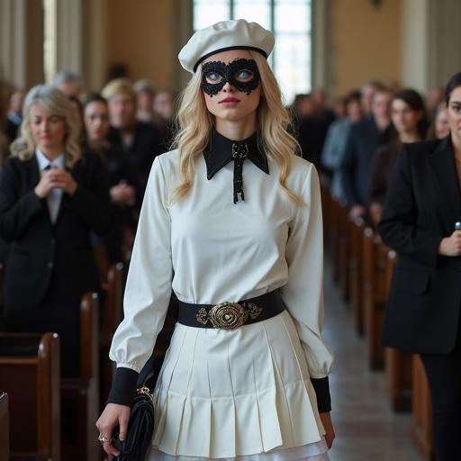 A woman with blue eyes and blonde hair enters a church. She wears a long sleeves white T-shirt with a Baroque style black collar. A white cone beret rests on her head. A small black handbag is in her hand. She pairs a white mini-kilt with black ribbons and black tights, accentuated by a Zorro black mask around her eyes.