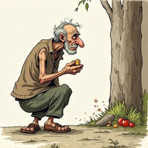 Artwork depicting a hungry beggar. Old man appears thin and poor. He is crouching and reaching for food near a tree.