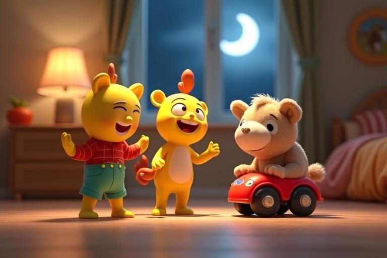 A joyful scene features three toys in an animated style. Sparky and teddy giggle while horse drives a small red car. Each toy wears fun clothes. The setting is a bedroom with moonlight shining through the window. Use bright colors like yellow, red, and green to reflect a playful mood.