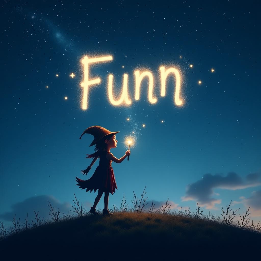 A whimsical scene featuring an elf-like figure stands on a hill under a starry sky. The elf is gracefully writing the name 'Funn' in glowing light above. Soft twilight hues illuminate the landscape while a sparkling wand is held by the elf. This enchanting setting evokes a sense of wonder and creativity. The night sky provides a stunning backdrop to the whimsical scene, enhancing the magical atmosphere.