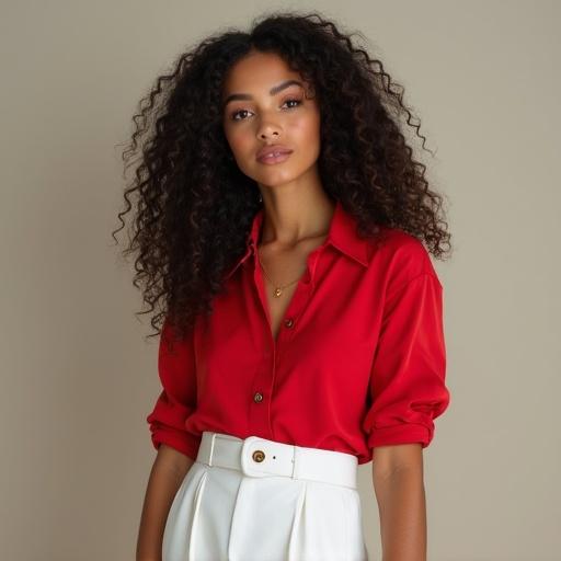 A girl with curly hair wearing a red blouse and white skirt. She has an elegant pose and soft lighting.