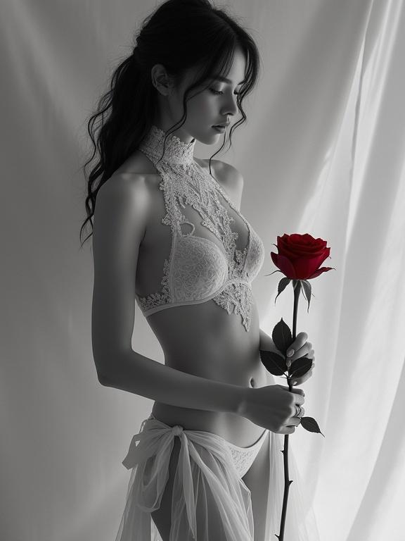 Beautiful woman with porcelain skin in high-necked lace gown holds red rose. Subtle gaze with flowing fabrics. Set against gradient background, inspired by film noir and dreamy qualities.