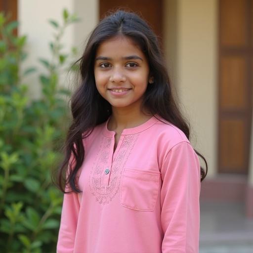 Brown girl standing outside home wearing pink Kurt and white leggings