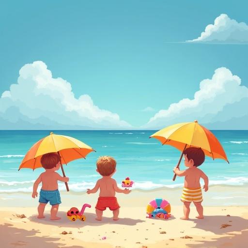 Children playing on a sandy beach under sunny weather with colorful umbrellas and toys.