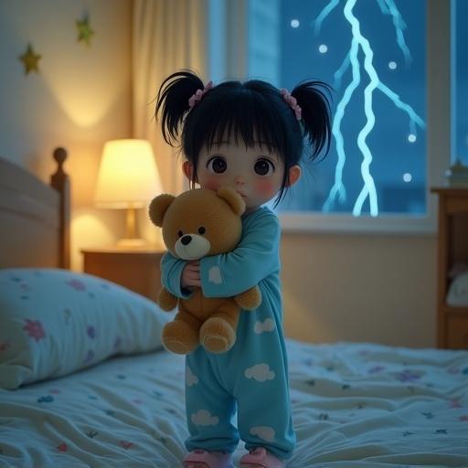 6-year-old girl in bedroom holding teddy bear wearing blue pajamas with clouds. She has black hair in pigtails and bunny slippers. The room glows softly at night with a nightlight, while lightning outside casts shadows. Cheerful yet worried expression seeking comfort from teddy bear during a thunderstorm.