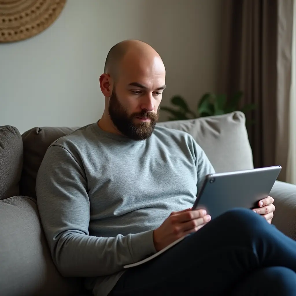 A bearded man sits on a couch, deeply engaged with a tablet.