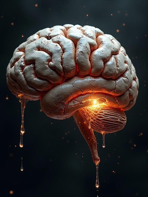 Futuristic brain emerges from decaying organic shell. Outer brain cracked and brittle. Oozing with textures. Emerging brain is glowing fusion of synthetic alloy and neural fibers. Transformation moment depicted with a cyber-organic evolution theme. Dark background with cinematic lighting.