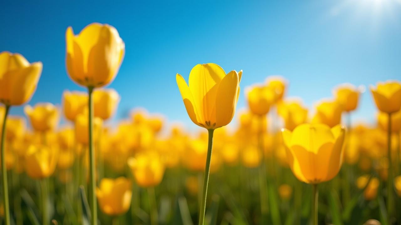 This image captures a vibrant field of yellow tulips basking in the sunlight under a clear blue sky. The focus is on a single tulip in the foreground, standing tall among its blurred companions, symbolizing beauty and freshness. The bright colors and warm light evoke a sense of happiness and renewal, reminiscent of a perfect spring day.