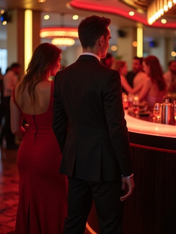A couple stands at a bar; the woman is in a red dress. The man is in a suit. The setting is upscale with guests in elegant attire.