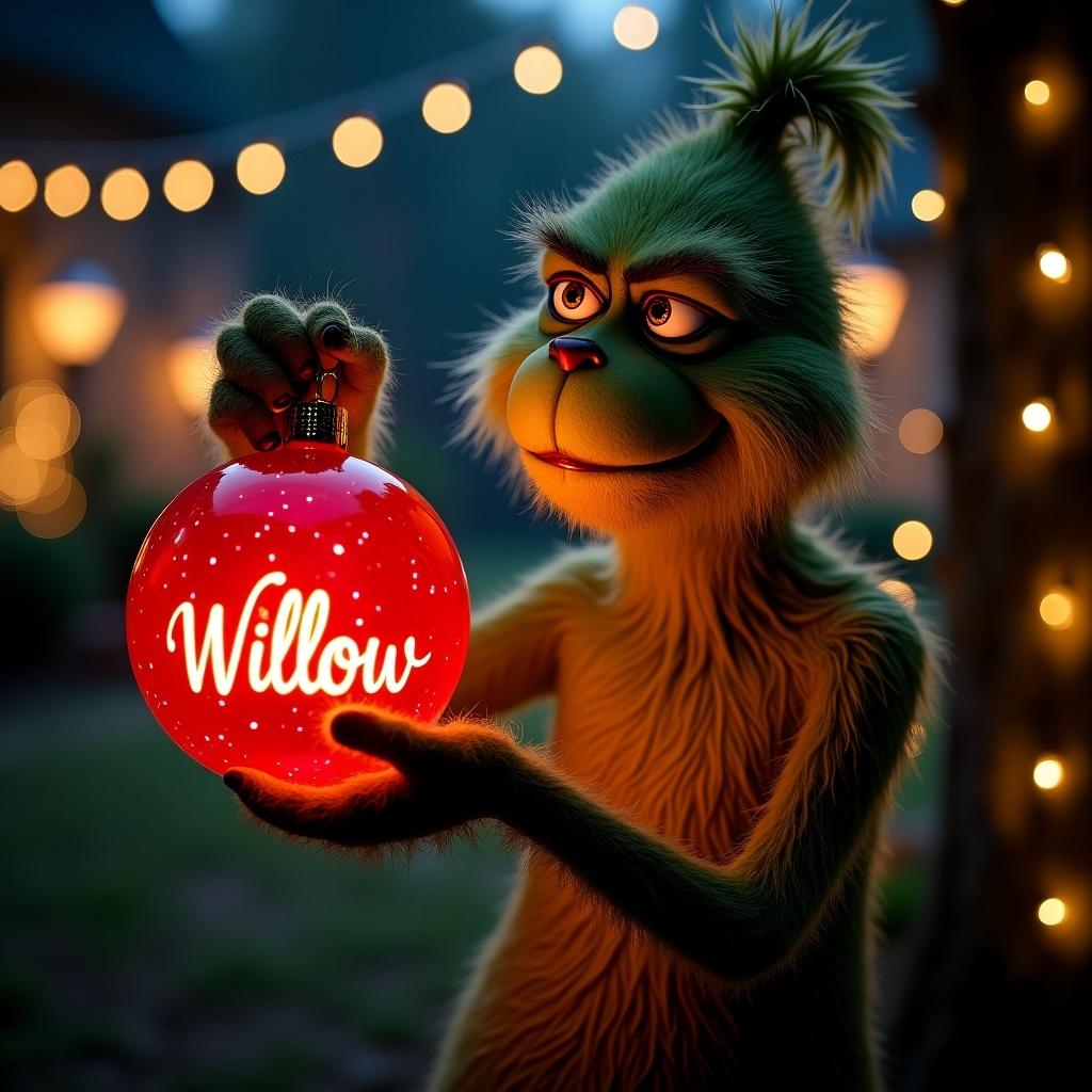 Night garden scene features a Grinch character. Grinch holds glowing red bauble labeled Willow. Twinkling lights create a magical atmosphere. Ideal for Christmas themes.