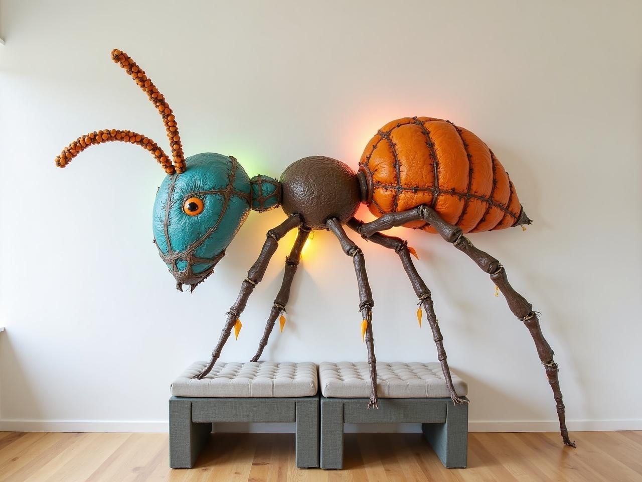 This image shows a creative and artistic design featuring a large wall decoration of an ant. The ant's body is made from various materials that give it a unique texture and appearance. Its head is characterized by colorful elements like teal and orange, while the legs are also adorned with bright colors. The construction looks playful, with lights integrated into the design to highlight certain features. Below the ant, there is a comfortable-looking upholstered seat that complements the artistic theme. The background is minimalistic, allowing the ant design to stand out as a focal point in the room.