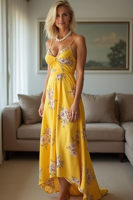 Beautiful woman poses in a living room wearing elegant attire. Dress is a bright yellow sundress with flared skirt and floral pattern. Paired with stylish yellow stiletto pumps and a pearl necklace. Showcases a blend of contemporary fashion and home atmosphere.