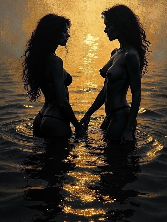 Image features artistic silhouettes of two women standing in water. The artwork is created with a burnished gold effect. It evokes a watercolour style with ink on a dark canvas, producing a captivating visual contrast.
