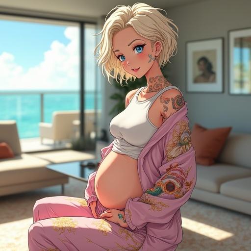 Anime scene featuring a pregnant woman in a luxury living room. She has short light blonde wavy hair and blue eyes. Wearing a summer maternity sweatshirt and sweatpants, looking happy. Showcasing colorful Japanese tattoos. The setting includes modern decor and baby shower gifts. Morning light streaming through the windows.