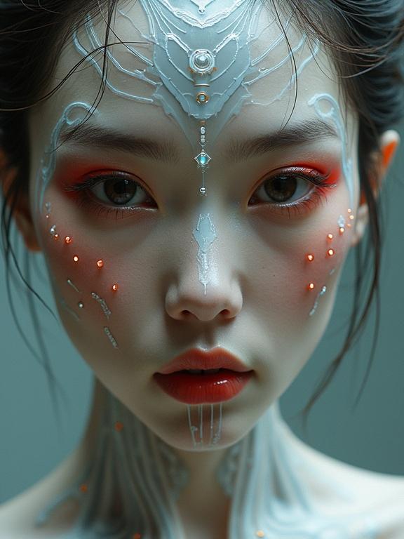 A stunning portrait of a futuristic geisha with cybernetic enhancements. The face has intricate designs and bright makeup features. The style blends traditional Japanese elements with modern artistry.