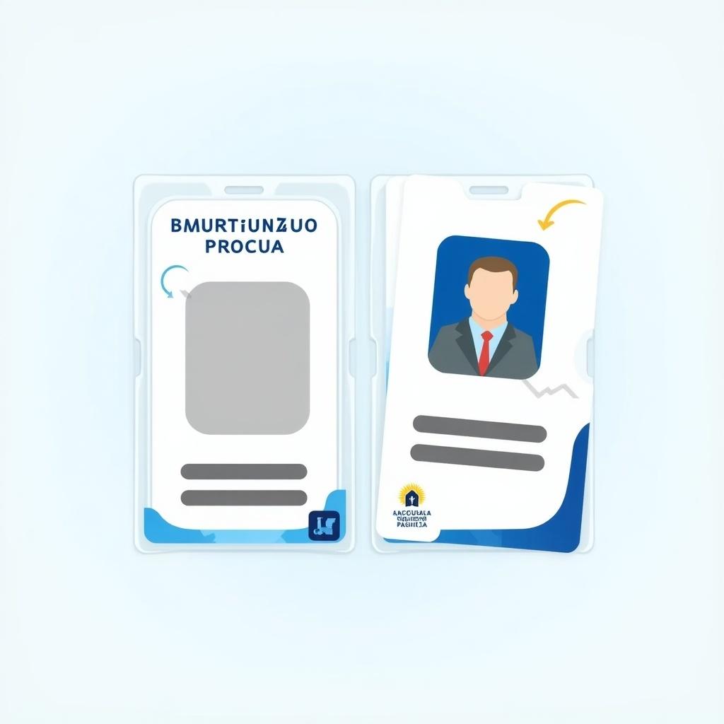 Design concept for a Uruguay ID card with sections for photo and identification. Card has a blue and white color scheme. Includes fields for a name and ID number. Displays a logo representing official use. Structure facilitates easy identification.