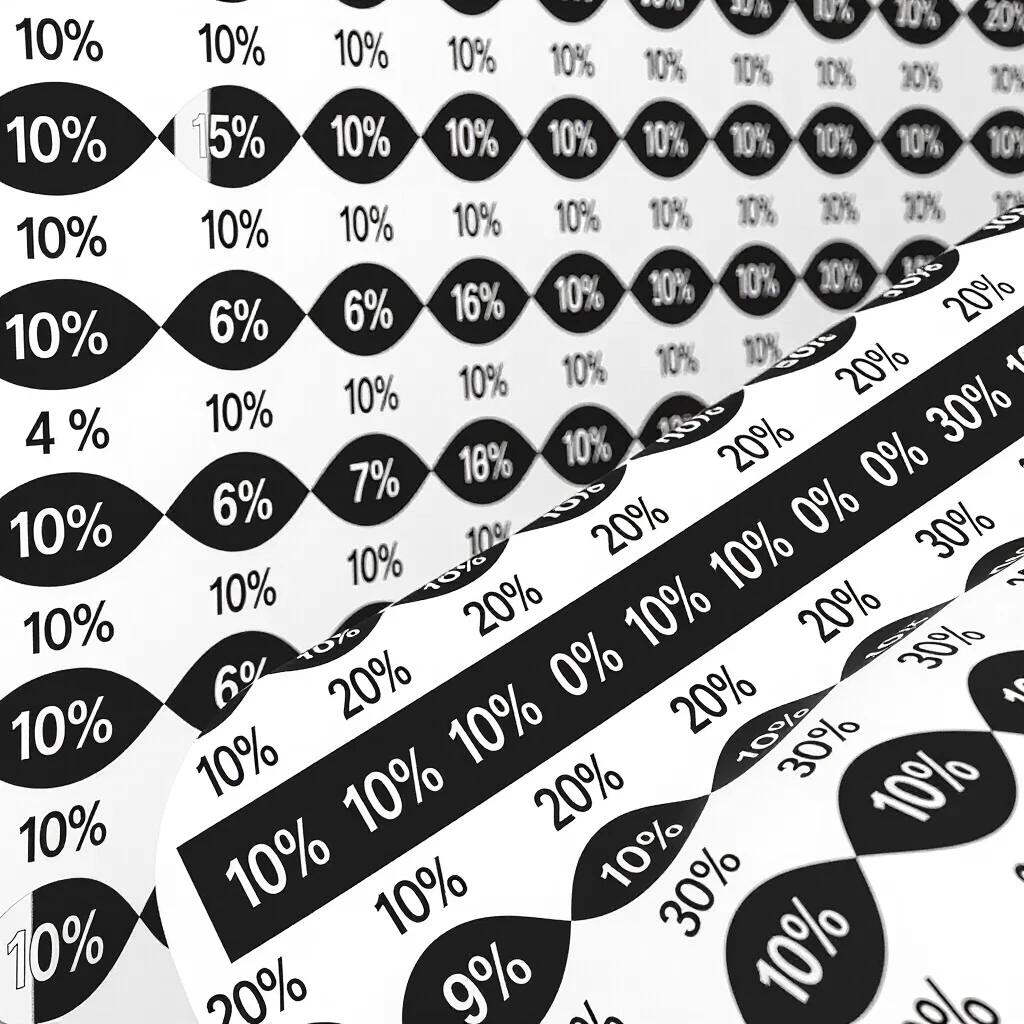 Create a black and white percentage ruler ranging from 10 to 100%, each marking corresponds to 10%.