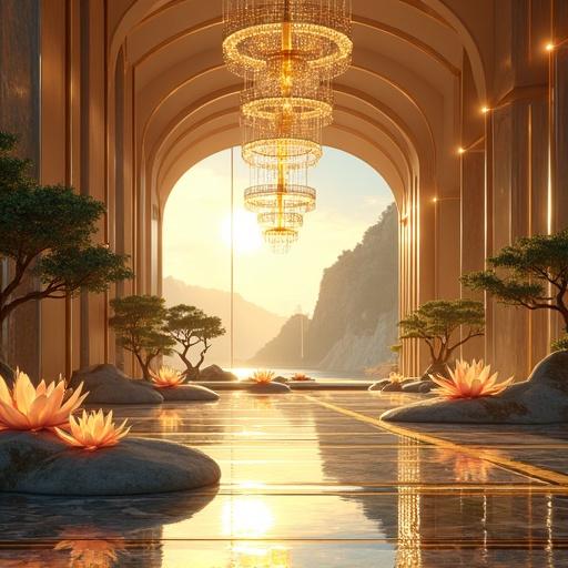 Anime style depiction of an oversized modern luxurious mansion onsen. Features chandeliers and lotus flowers. Captures summer morning ambiance in Bel Air. Light gold and onyx black colors dominate the scene. Warm and inviting atmosphere.