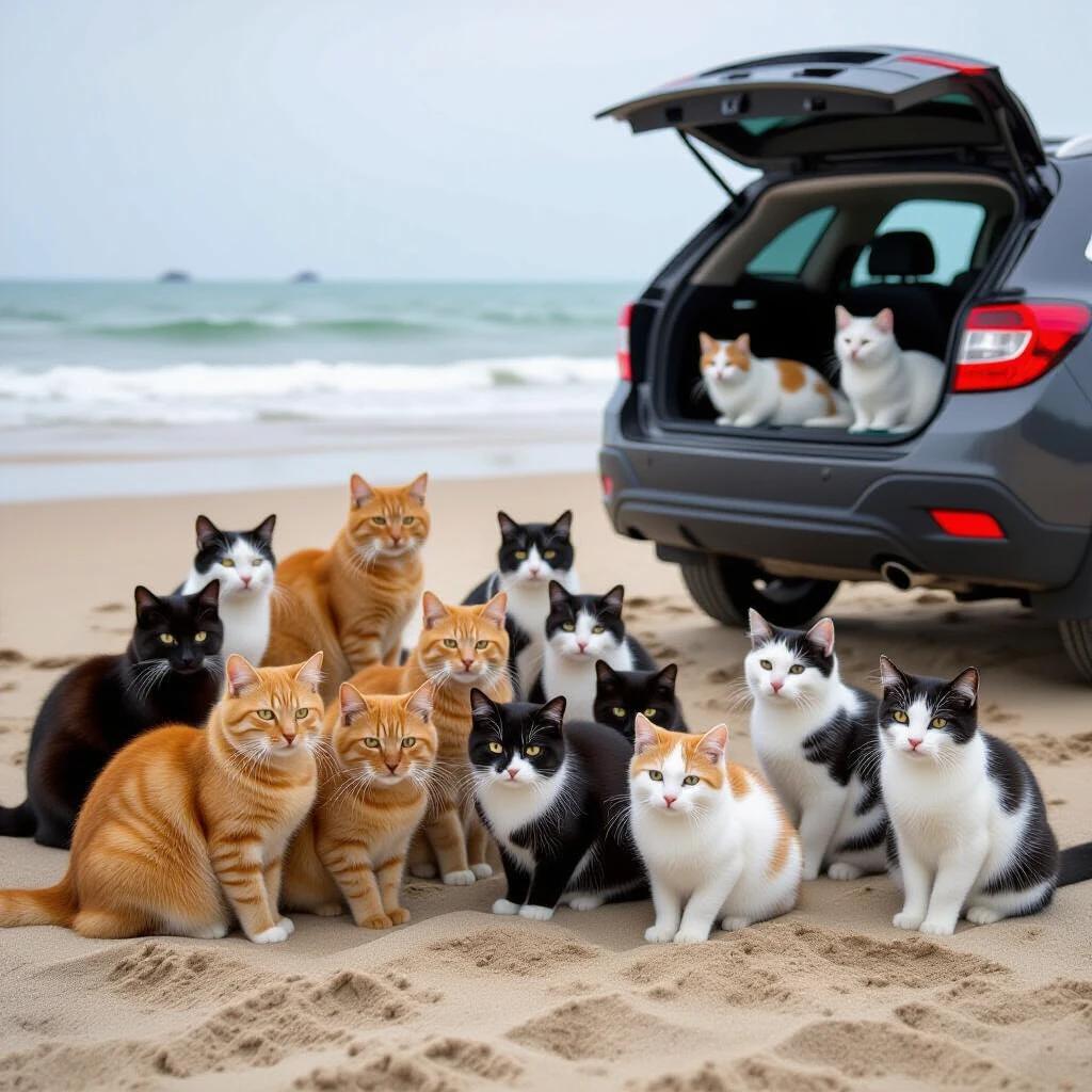 A gathering of 16 cats of various breeds on the sandy beach near a parked car. The beach features gentle waves in the background. The cats display different colors and patterns. Some cats are sitting while others are standing. The car trunk is open showing a few hidden cats. Soft natural light creates a vibrant and cheerful atmosphere. All cats appear friendly and curious.