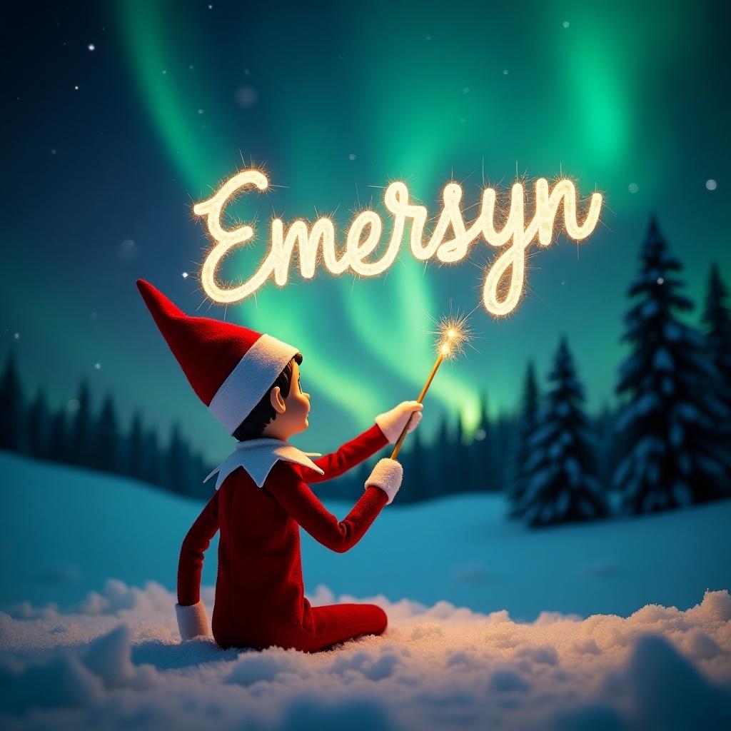 An elf on the shelf in a red outfit faces a vibrant northern lights sky. The elf holds a magic wand, writing the name Emersyn with sparkles. The setting is a snowy landscape, radiating a sense of magical holiday joy.