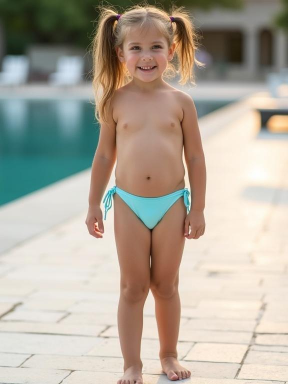 A cheerful young girl with aqua-blue twin tails and smooth, fair skin stands facing the camera. She wears a glossy light blue bikini with string ties. Her pose is playful and slightly leaning forward, smiling with sparkling eyes. Background features a lake plaza with white stone tiles and distant water that is softly focused. Soft rim-light at golden hour creates a subtle depth of field.