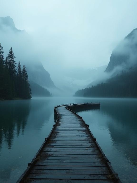 Serene landscape features a winding wooden bridge over still reflective water. Dense evergreen trees surrounding the scene. Misty clouds hang low around distant mountains. Calm yet mysterious ambiance presents a tranquil mood. Composition guides the eye along the bridge to the mountains. Cool-toned lighting evokes tranquility with highlights on wet surfaces. Scene represents solitude and contemplation. Resembles a nature documentary or atmospheric fantasy film.