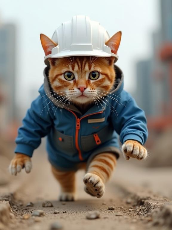 Cat in a helmet and blue work jacket runs on construction site. Surprised expression. Anthropomorphic style. Side view with city buildings in background.