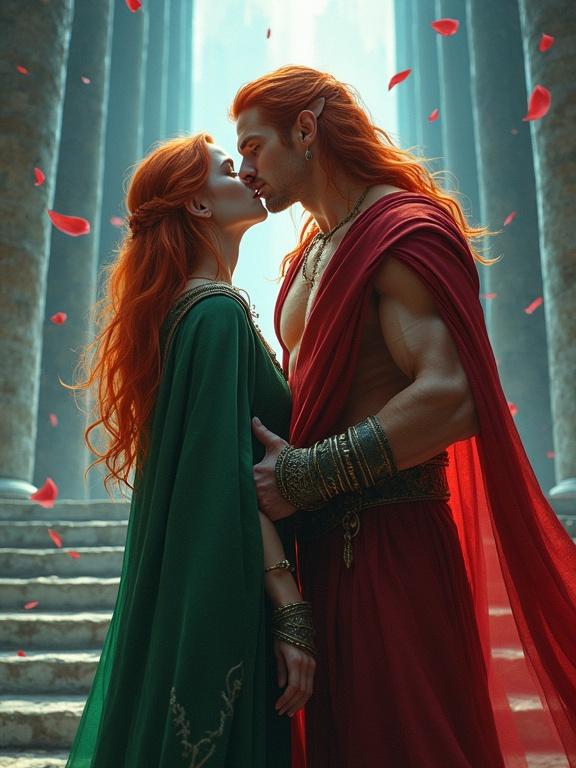 Vibrant fantasy art depicting a woman and a man embracing at a grand temple. The woman wears a green outfit and has ginger hair. The man has long crimson hair and a muscular physique. They stand on magnificent stairs with magic and red petals floating in the air.