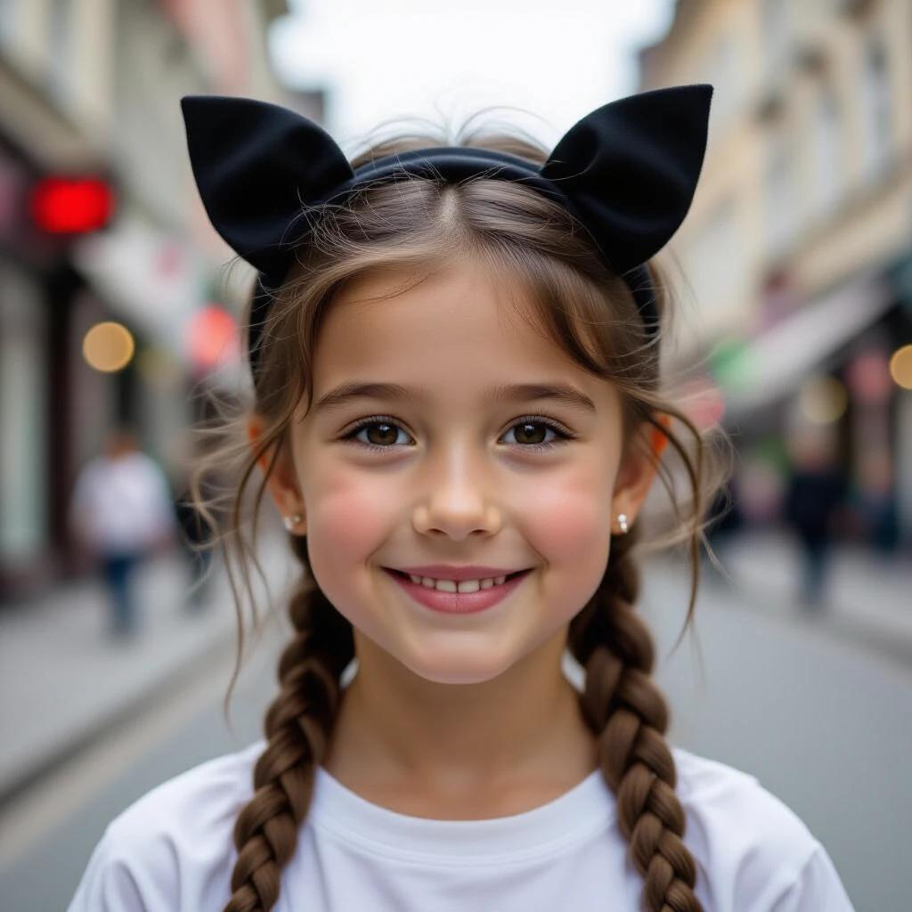 Photo of a child wearing a black ear headband in a city street. The child has braids and is smiling in a sweet yet mischievous manner. Background features blurry shops and urban scenery.