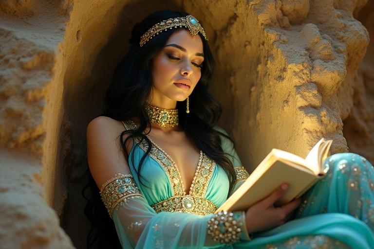 A tall woman with white skin wears a turquoise Arabian princess-style outfit with gold embroidery and sequins. She has shiny black hair and a deep V-neckline bordered with gold. A jeweled headpiece adorns her head as she reads a glowing book in a stone nook in a canyon, appearing intrigued.