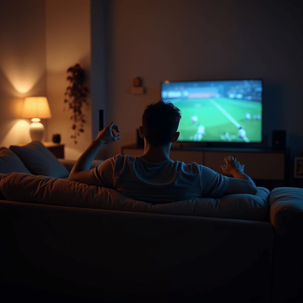 The image depicts a person relaxing in a dimly lit living room while watching a sports game on television. The individual is seated on a comfortable sofa, facing the TV screen. The setting exudes a cozy evening atmosphere, with a warm glow from a table lamp on the side, highlighting some home plants and decorative elements. The TV displays a soccer match, evident from the green field and players in action. The person appears engaged, holding a remote control, adding to the ambiance of an intimate, relaxing night in.