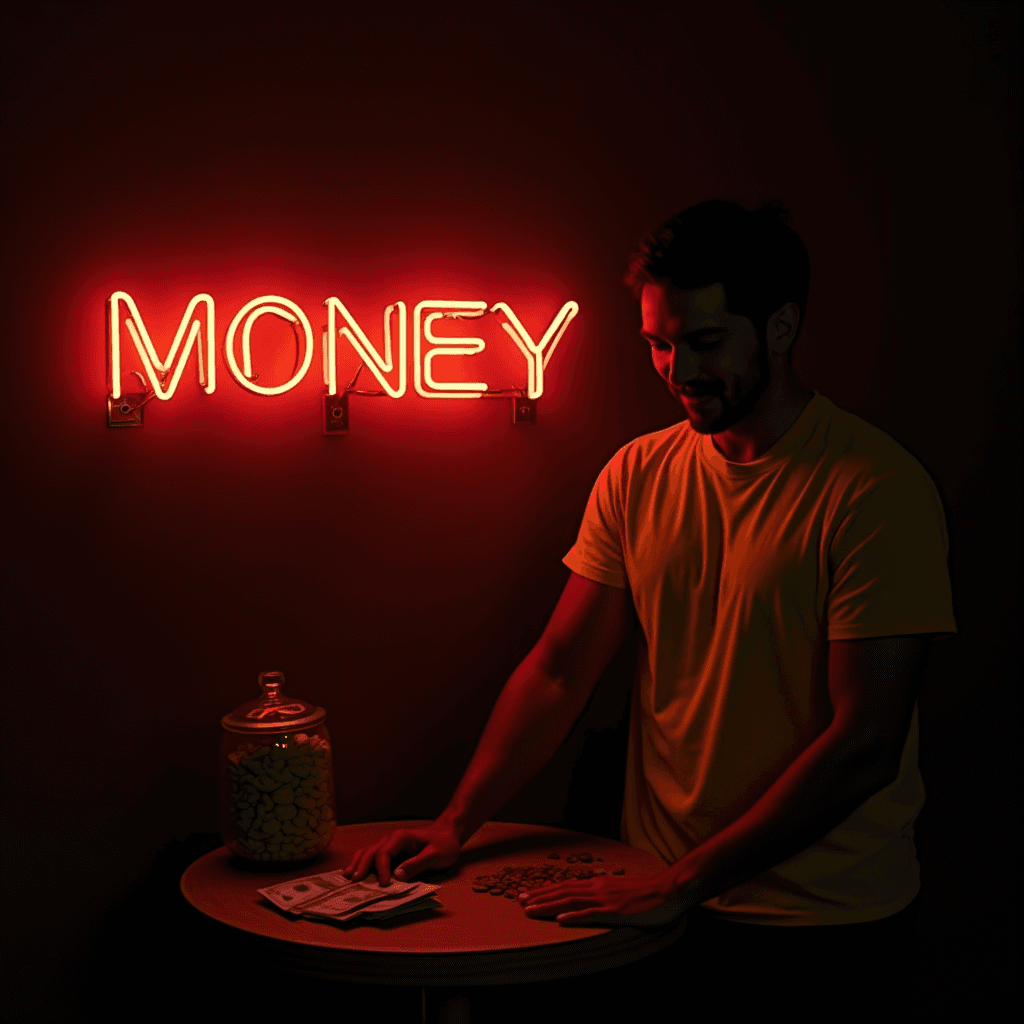 A man in a yellow shirt stands by a table with money and a jar under a red 'MONEY' neon sign.