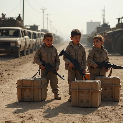 A group of 6 years old Israeli children, boys and girls unloading ammunition crates from armored vehicles. Burned pickup trucks and tanks visible in the background. The children appear exhausted after combat. Each child has an M16 rifle.