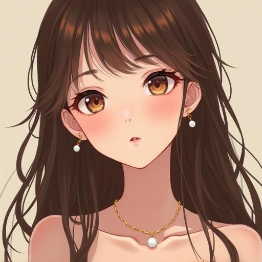 Anime art featuring an adorable girl with brown eyes and long brown hair. She wears a thin gold necklace with a white pearl pendant. The art is semi-realistic in style, resembling Ghibli digital art and presented in high resolution.