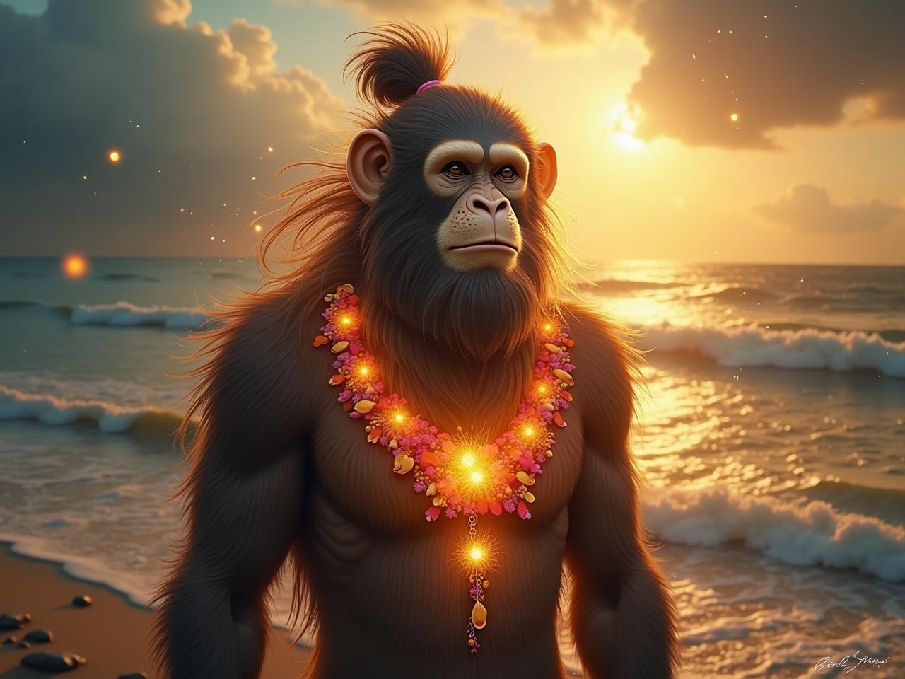 The image depicts a mystical character resembling a monkey, illuminated by golden light. The character has long, flowing hair tied back in a bun and a thick beard, giving it a majestic appearance. It wears a colorful necklace made of flower petals, adding to its enchanting charm. The background features a dramatic ocean scene with soft waves and a cloudy sky. Sparkling particles float around the character, enhancing the magical atmosphere of the scene.