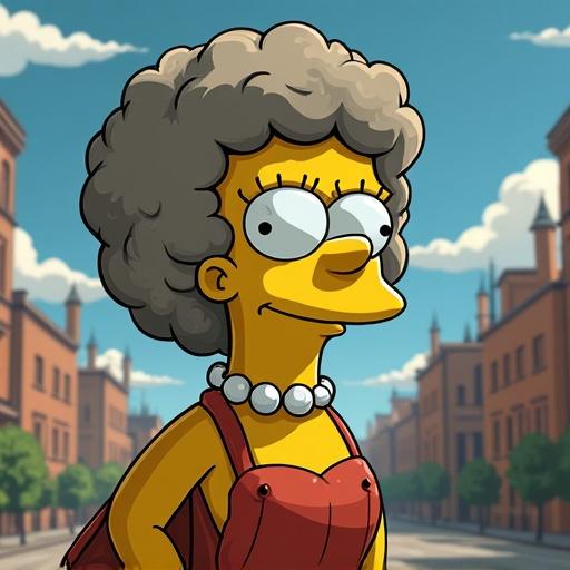 Cartoon character inspired by Mona Lisa with curly hair and pearl necklace. Set in a city background with buildings and trees. Bright colors and playful design.
