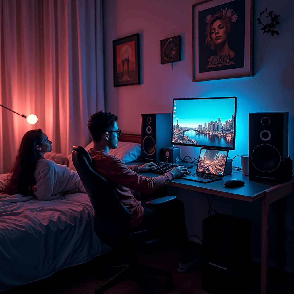 A gamer focused on a large screen in a mood-lit room, with a companion resting nearby.