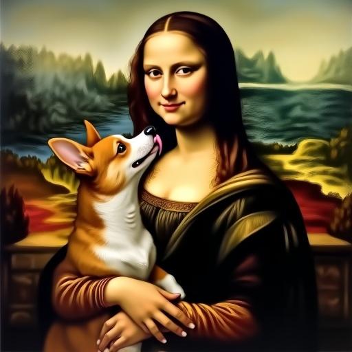 Parody of Mona Lisa with a woman and a corgi. The woman has dark long hair. Corgi licking her cheek. Woman shows a disgusted expression. Dark Renaissance-style gown. Background features a misty landscape in soft colors. Soft lighting and fine details.