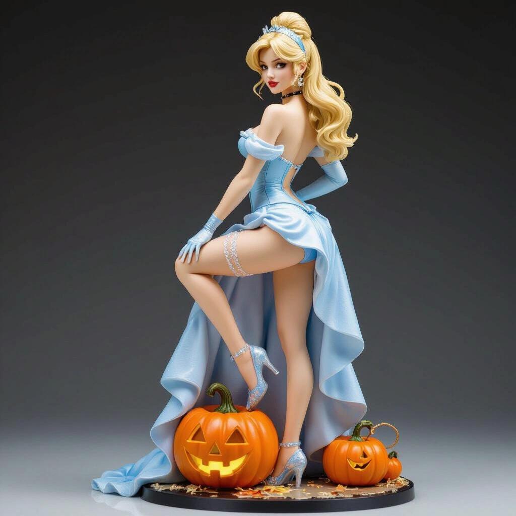 Ultra-detailed resin figure inspired by Cinderella. Sensual and elegant blonde woman with a slender body. She stands with one leg raised on a magic pumpkin. Arranging garter belt on her leg. Back slightly arched, expression conveys confidence.