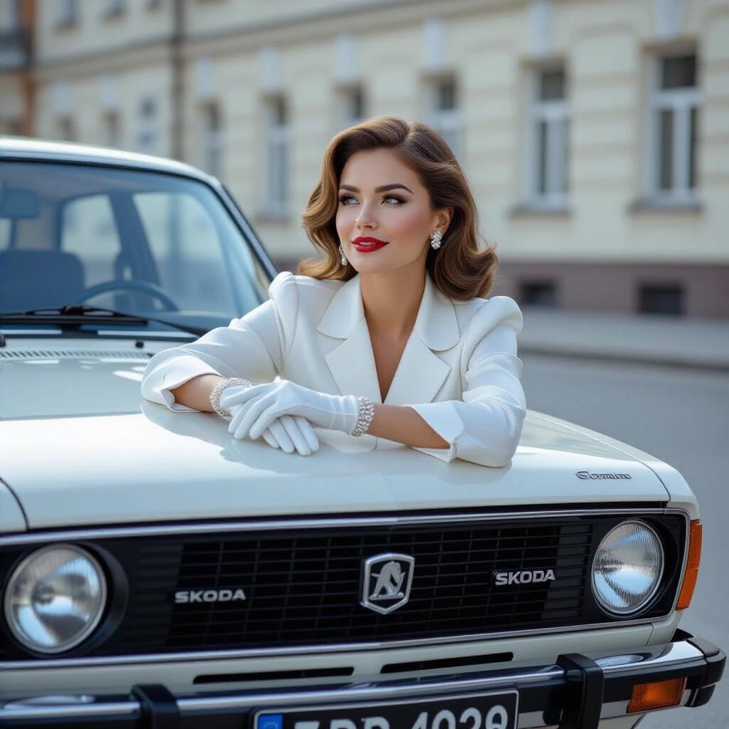 A woman with elegant style admires the SKODA emblem on a classic vehicle. She wears a silk blouse and crisp white gloves. Fingers lightly touch the emblem. The scene captures a cinematic elegance. The setting has golden hour lighting highlighting chrome features.