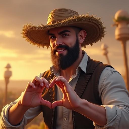 Bald male farmer with no beard or mustache wearing straw hat making heart with hands while looking into the camera in a vibrant landscape.