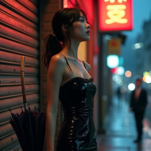 A young Korean woman in a tight black dress stands on a wet street corner. Neon signs illuminate her figure. She holds an umbrella as water droplets shimmer. A blurred figure in a suit observes her. The scene captures urban nightlife.