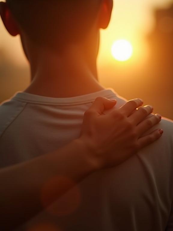 A hand gently placed on a person's back. Soft golden light radiating from the palm. Warm tones create a serene atmosphere. 3D realistic style with cinematic depth of field.