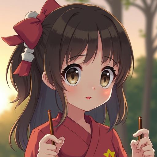 Japanese beautiful girl in an anime style. Character has long hair with a bow. She holds chopsticks and has a friendly expression.